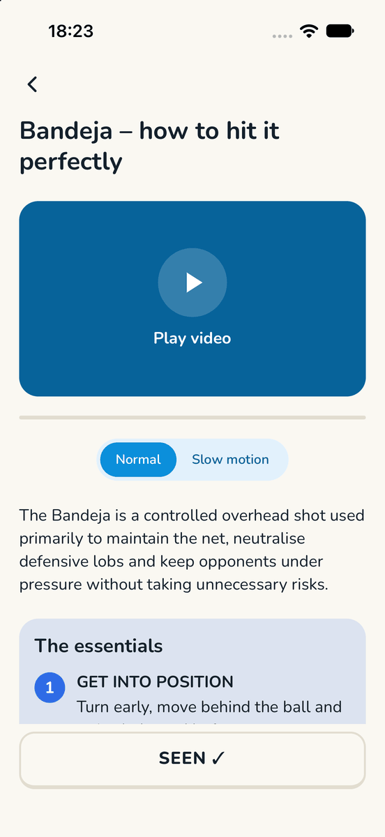 Learn screen for the Bandeja: video with normal and slow-motion speed, the shot's purpose and the three key cues