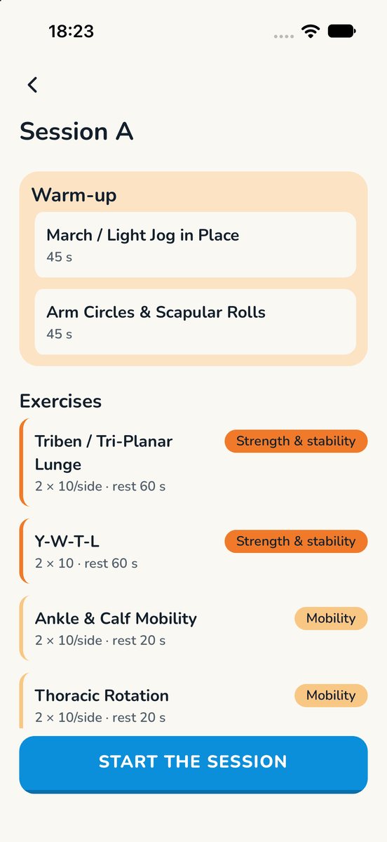 Session view: warm-up and exercises with sets, reps and rest for Session A